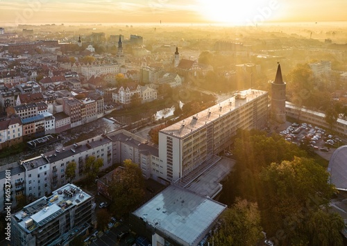 Aerial view of an old town in Opole, Poland during the sunset