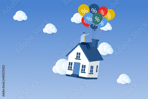 House with balloons bunch flying in the sky. Real estate purchasing, moving house and house warming concept. vector illustration.