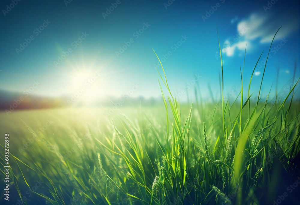 Green grass field under a clear blue sky. AI Generated