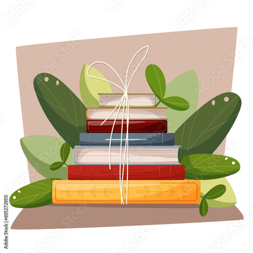 Book concepts , stack of books in leaves. Dream Day festival in open library.  Flat vector illustrations, vector concept.