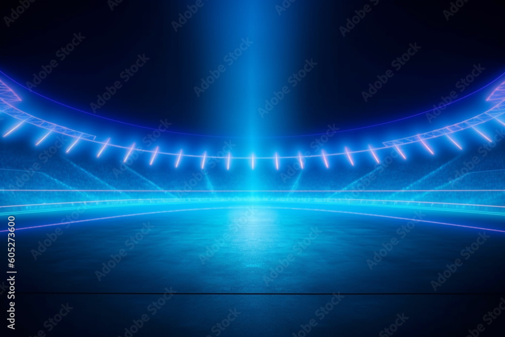 Abstract blue neon stadium background illuminated with lamps on ground, Science product and sports technology background