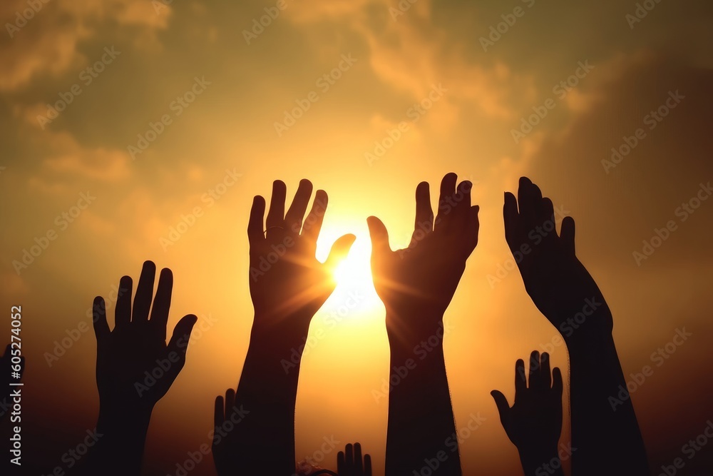 Free concept: Raised hands catching sun on sunset sky, Generative AI