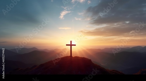 Fotografiet The crucifix symbol of Jesus on the mountain sunset sky background, Generative A