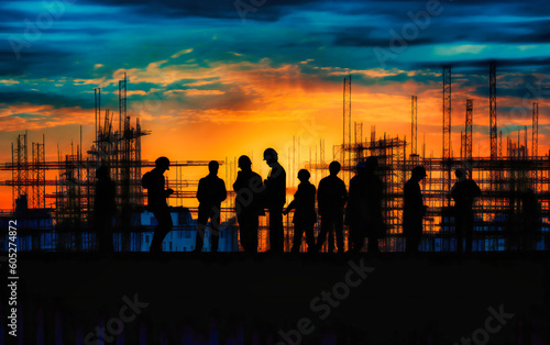 silhouettes of construction workers at sunset