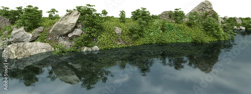 Realistic riverbank with vegetation. 3d rendering of isolated objects.