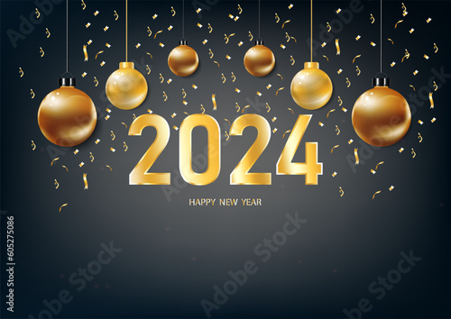 Happy new year 2024. with Golden numbers golden Christmas decorations and confetti on black blue background