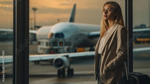 Businesswoman patiently awaiting her flight at the airport. Generative AI. © GustavsMD