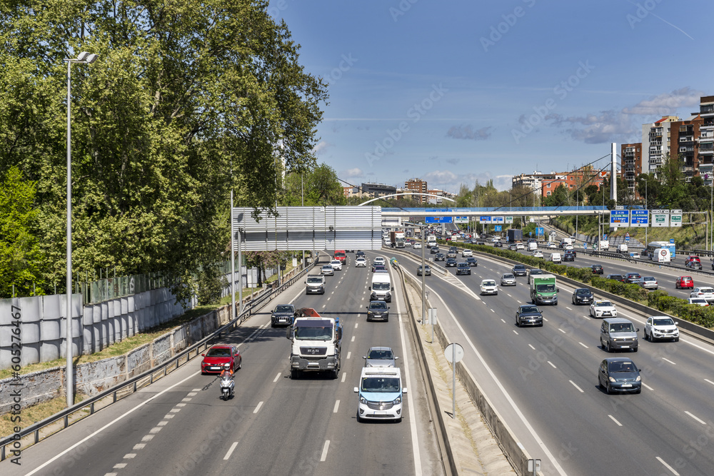 Urban traffic on a ring road in Madrid
