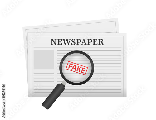 Fake newspaper template. Fake news. Newspaper template with fake world news, economy, business. Magnifying. Daily news. Check the truth and don't share fake news. Vector illustration