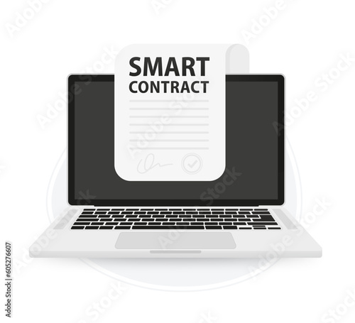 Smart contract concept. Digital business document with electronic signature on it. Modern technology and blockchain. . Digital design concept. Digital or internet office concept. Vector illustration