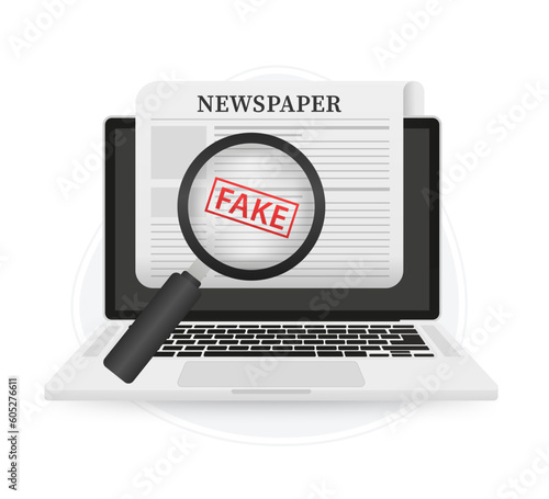 Fake news or fact scanning with magnifying glass. Fake news. Newspaper template with fake world news, economy, business. Daily news. Check the truth and don't share fake news. Vector illustration