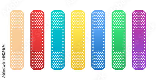 Creative adhesive plaster elastic medical patch. Plaster set. A colorful collection of seven different colors: red, orange, yellow, green, blue, blue and purple plasters. Vector illustration