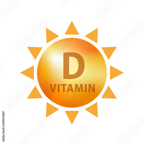 Vitamin D Icon with Sun. Vitamin D3 yellow shining capsule. Beauty, nutrition skin care, pharmacy, diet. Realistic sun. Vector illustration