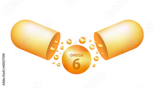 Golden drops of Omega six. Polyunsaturated fatty acids Omega-6. Natural fish oil, organic vitamin, nutrients. Omega fatty acids. Vector realistic capsules. Vector illustration
