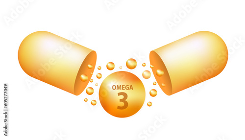 Golden drops of Omega three. Polyunsaturated fatty acids Omega-3. Natural fish oil, organic vitamin, nutrients. Omega fatty acids. Vector realistic capsules. Vector illustration
