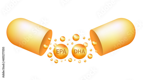 Fish oil vitamin and omega 3 DHA EPA golden capsule supplemental, benefits of pills improving mental, heart, eyes, bones health, lower cholesterol. Medicine Concepts. 3D Realistic. Vector illustration