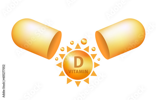 Vitamin D Icon with Sun. Vitamin D3 yellow shining capsule. Beauty, nutrition skin care, pharmacy, diet. Realistic sun. Drop gold pill capsule. yellow bubble, realistic. Vector illustration