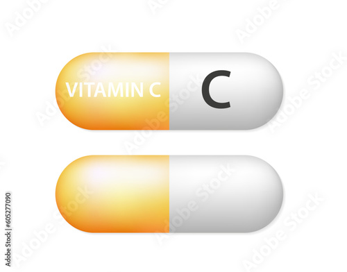 Orange vitamin C medicine capsule. Dietary supplement health neutralize free radicals. With chemical formula. Anti aging beauty enhancement concept and health care medical. Vector illustration
