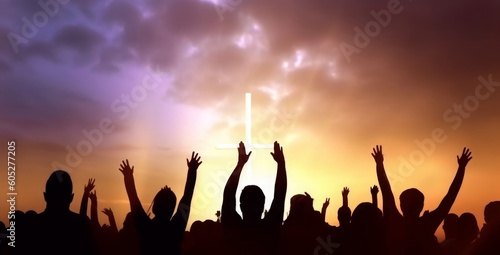 Worship and praise concept  Silhouette many people raised hands over sunset background  Generative AI