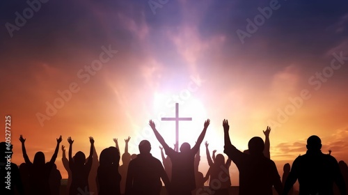 Worship and praise concept: Silhouette many people raised hands over sunset background, Generative AI