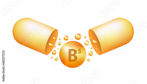 Vitamin B5 gold icon. Vitamin drop pill capsule icon. Pantothenic acid vitamin drops tablets capsules. Shining golden drop of essence. Beauty treatment nutrition skin care design. Vector illustration