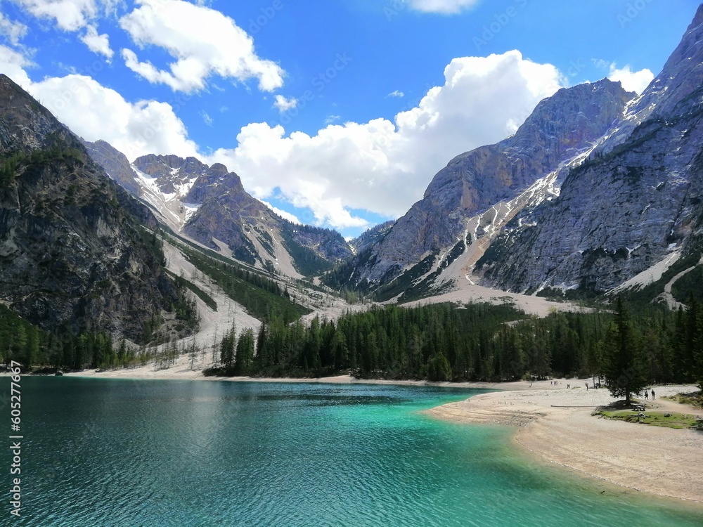 Lake Lago di Braies in Dolomiti mountains, South Tyrol. The place is surrounded by a forest, which is famous for its picturesque hiking trails.Beautiful landscape of  Italy