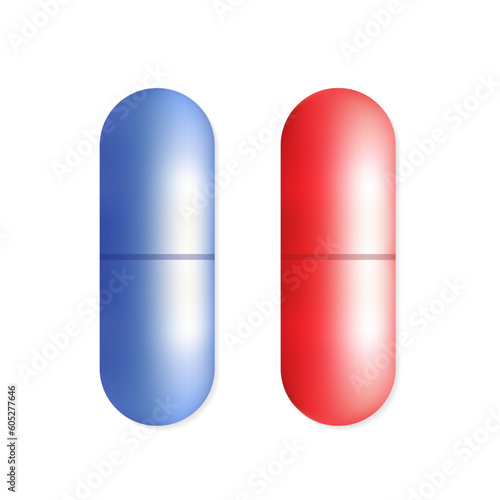 Blue and red pills on white background. Medical Pills from the Matrix. Important Choice Metaphor. Decision Symbol Concept. Vector illustration
