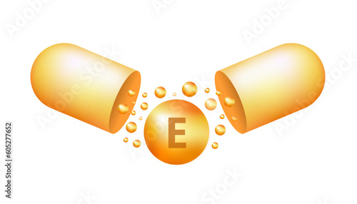Vitamin E gold shiny tablet capsule. Vitamin shining pill capsule icon. Shining golden substance drop. Meds ads. Beauty treatment nutrition skin care design. Vector illustration