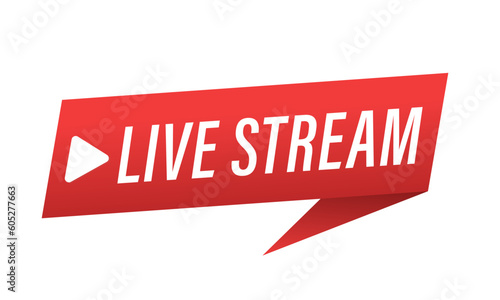 Live stream button. Live streaming flat logo - red vector design element with play button. Internet video conference icon. Live broadcast, online education. Internet broadcast. Vector illustration