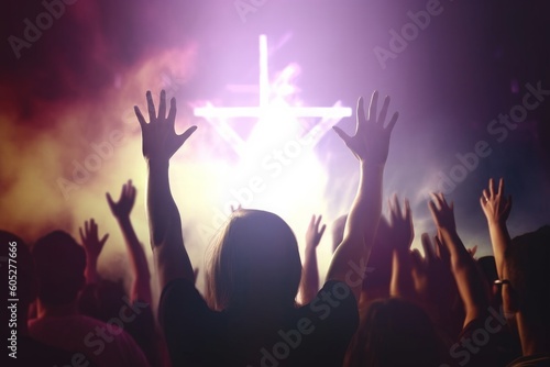 Church worship concept: Christians raising their hands in praise and worship at a night music concert, Generative AI