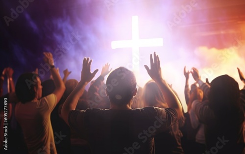 Church worship concept: Christians raising their hands in praise and worship at a night music concert, Generative AI