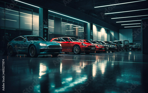 showroom of cars on floor of automobile company