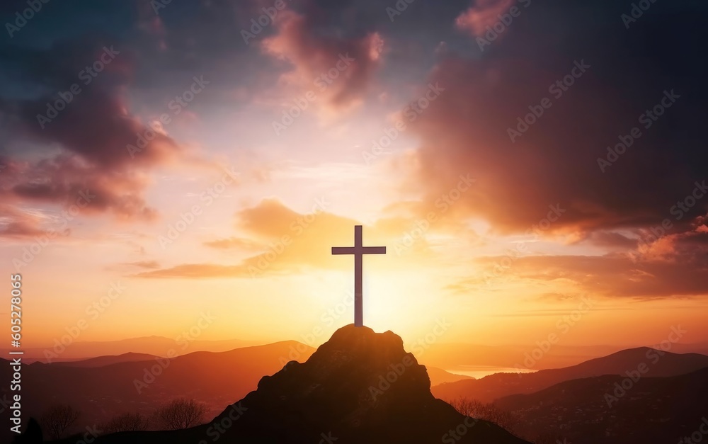 Good Friday concept: Silhouette cross on  mountain sunset background, Generative AI