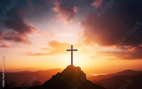 Good Friday concept: Silhouette cross on mountain sunset background, Generative AI
