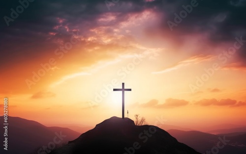 Good Friday concept: Silhouette cross on mountain sunset background, Generative AI