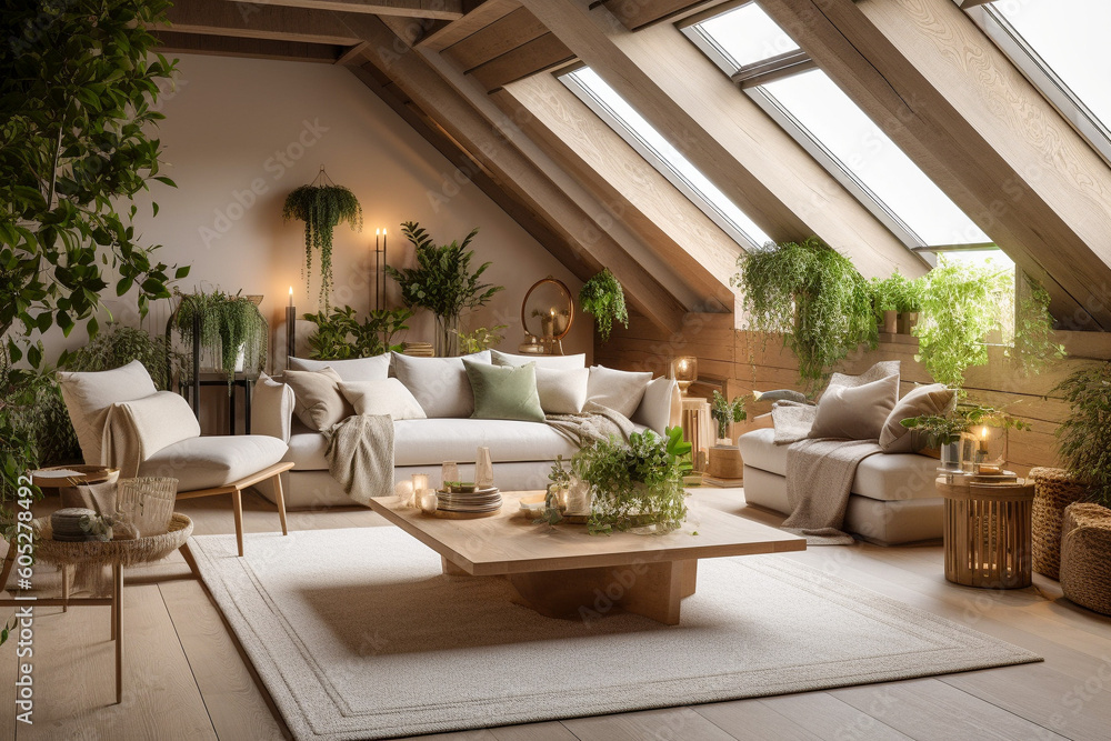 Fototapeta premium Modern cozy living room, eco interior design with beige colors and plants. Super photo realistic background, generative ai illustration