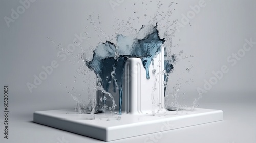 Liquid splashing on a white podium, product photography platform, mockup. Generative AI.