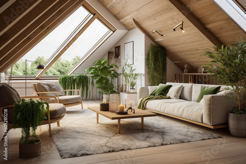 Modern cozy living room, eco interior design with beige colors and plants. Super photo realistic background, generative ai illustration © Anna