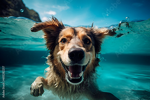 Smiling dog in clear water. Happy dog swimming, Generative AI