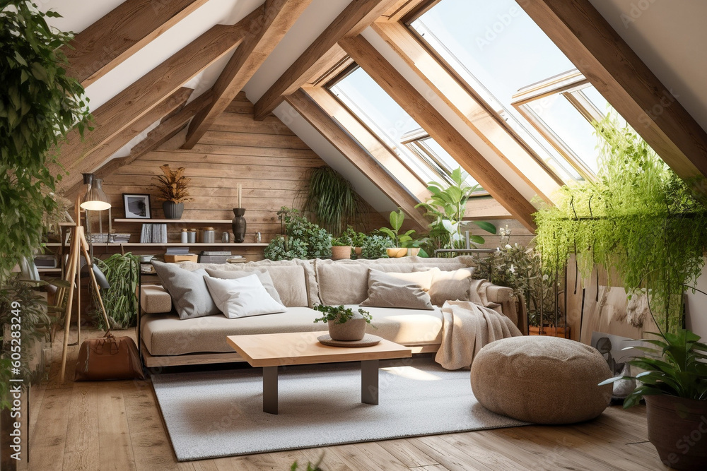 Modern cozy living room, eco interior design with beige colors and plants. Super photo realistic background, generative ai illustration