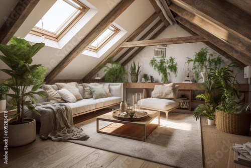 Modern cozy living room, eco interior design with beige colors and plants. Super photo realistic background, generative ai illustration