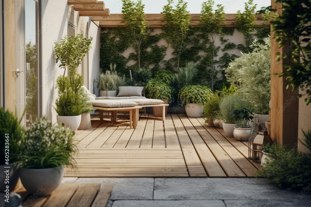 Modern cozy wooden terrace, eco interior design with beige colors and plants. Super photo realistic background, generative ai illustration Modern cozy wooden terrace, eco interior design with beige colors and plants. Super photo realistic background, generative ai illustration