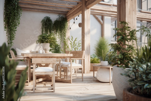 Modern cozy wooden terrace, eco interior design with beige colors and plants. Super photo realistic background, generative ai illustration © Anna