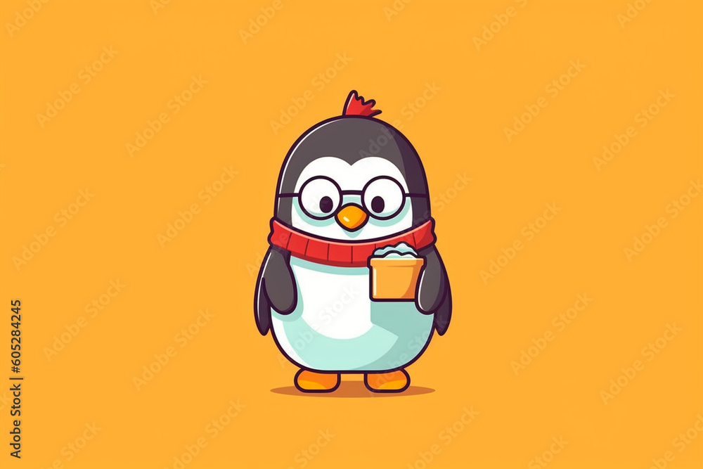 Naklejka premium A lovable penguin wearing square-framed glasses, holding a tiny ice cream cone Generative AI