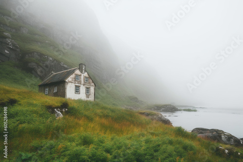 Abandoned house staying near beautiful foggy fjord and waterfall in Northern Norway