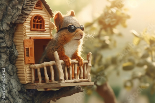 A fuzzy squirrel wearing trendy glasses, peeking out of a cozy little treehouse Generative AI