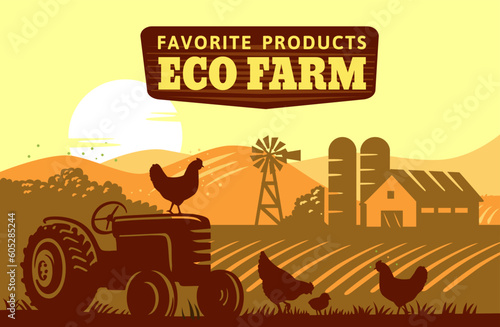 Old tractor in field silhouette with farm barn.