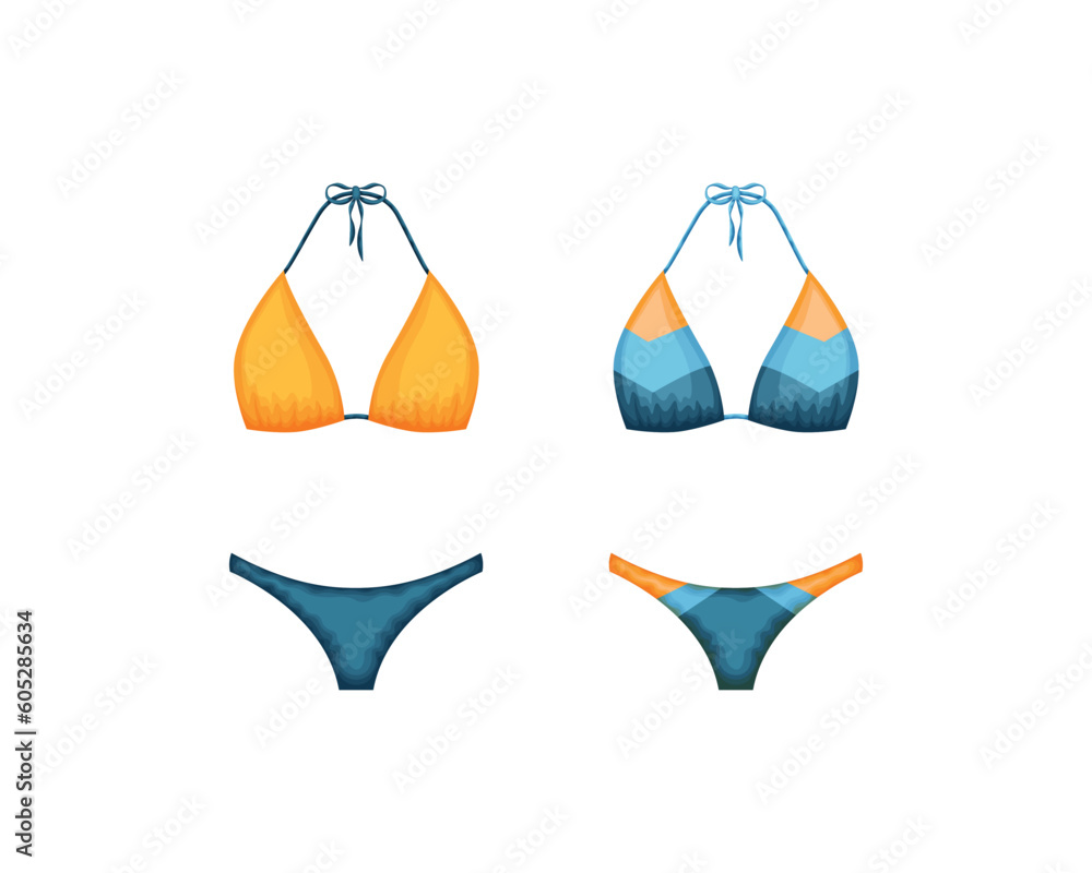Swimsuit. A separate swimsuit is blue and yellow. Colored bathing suits. Clothes for a beach holiday. Women s clothing. Vector illustration