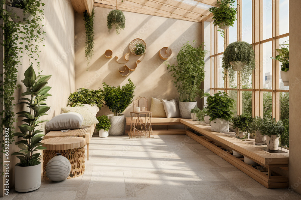 Modern cozy wooden terrace, eco interior design with beige colors and plants. Super photo realistic background, generative ai illustration