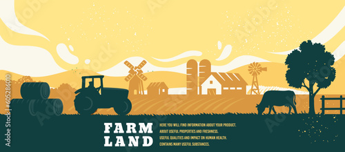Obraz na plátně Rural landscape with farm and cow.